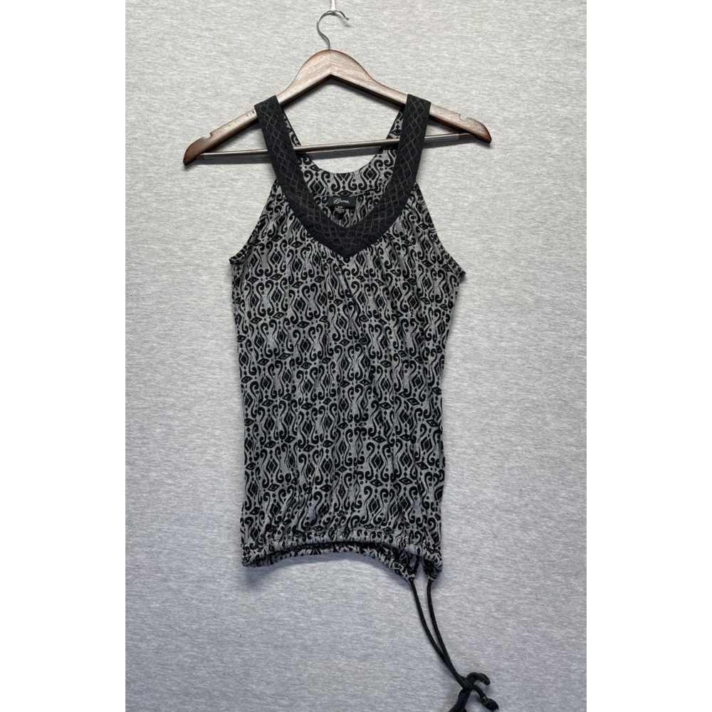 Guess Tank Top Womens S Gray Black Geometric Embroidered V Neck Drawstring Hem
